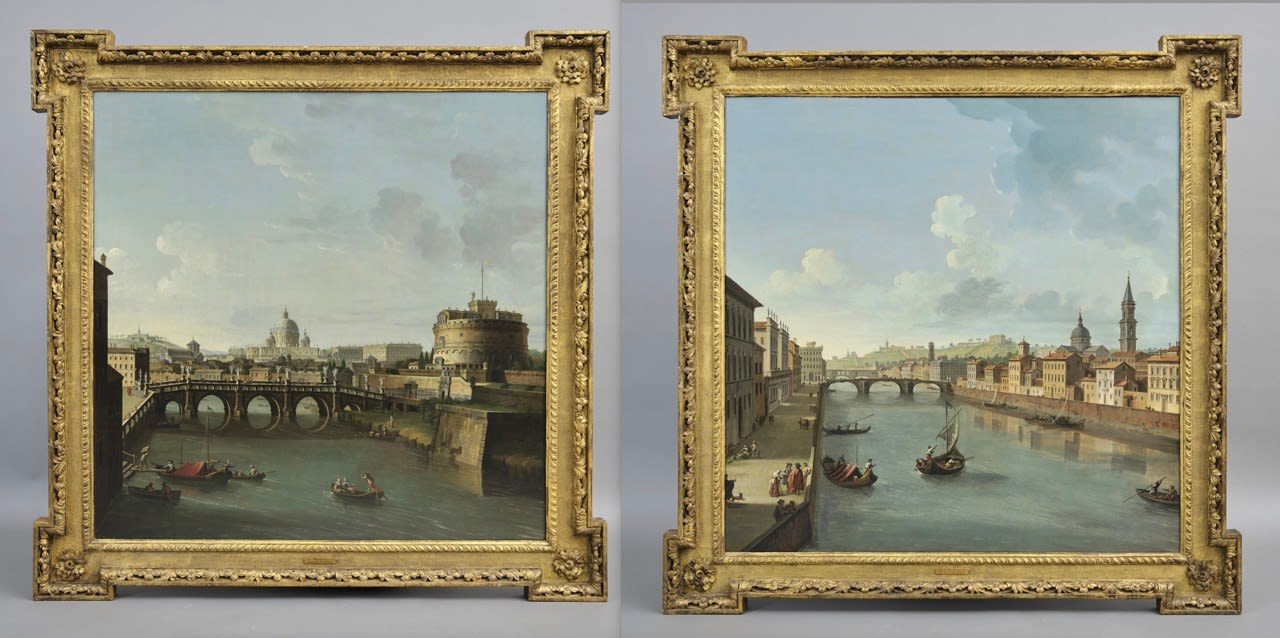 Antonio Joli, Pair of paintings depicting: Florence, view of the Arno River towards Ponte della Santa Trinità and Ponte Vecchio; Rome, View of the River Tiber with Castel Sant'Angelo and the Basilica of St. Peter