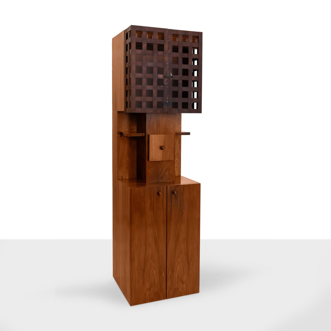 Sottsass attr., Pair of display cabinets made of teak wood and metal details., Prod. Italy, second half 50's