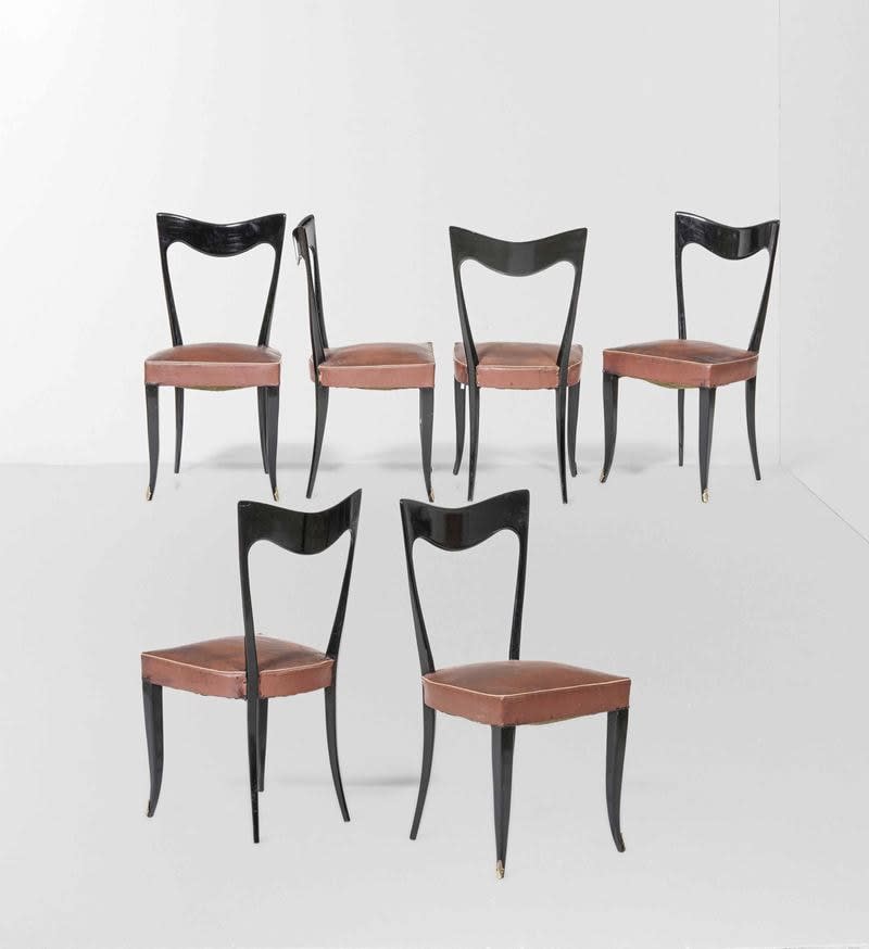 Carlo Enrico Rava, Six black lacquered wooden chairs, original seats. Skai upholstery. Brass ferrules. , Prod. Italy, 1940 ca.