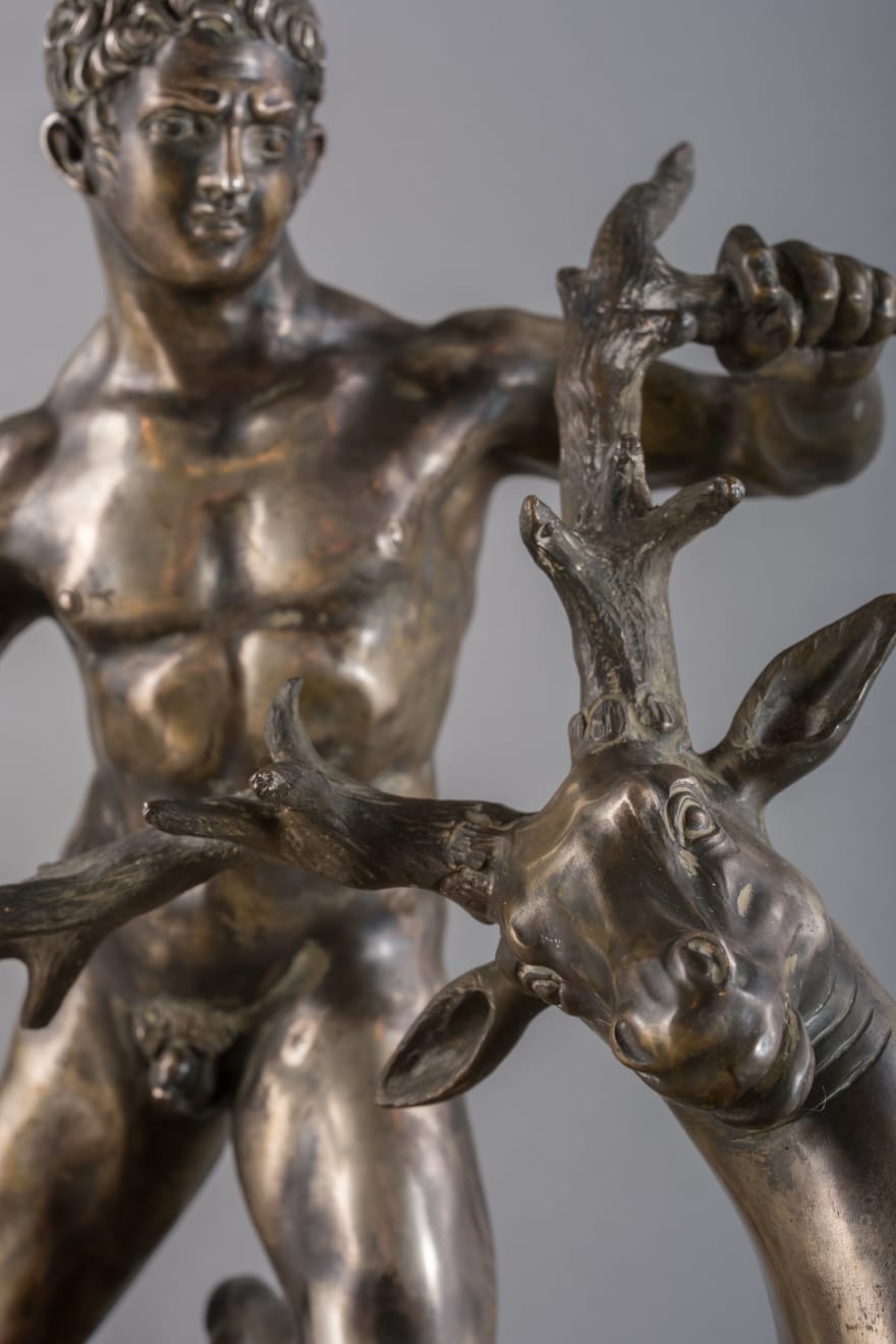 SILVER SCULPTURE HERCULES WITH DEER, Northern Italy, end of 19th Century
