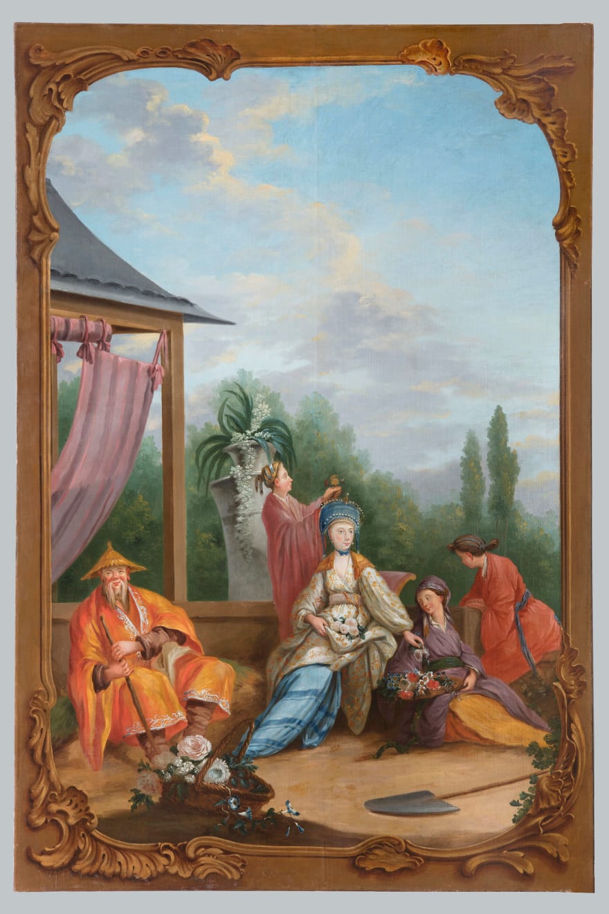 Ambito di Francois Boucher, Scene arranged on three canvases, with Emperor Qianlong in the centre, France, 18th century