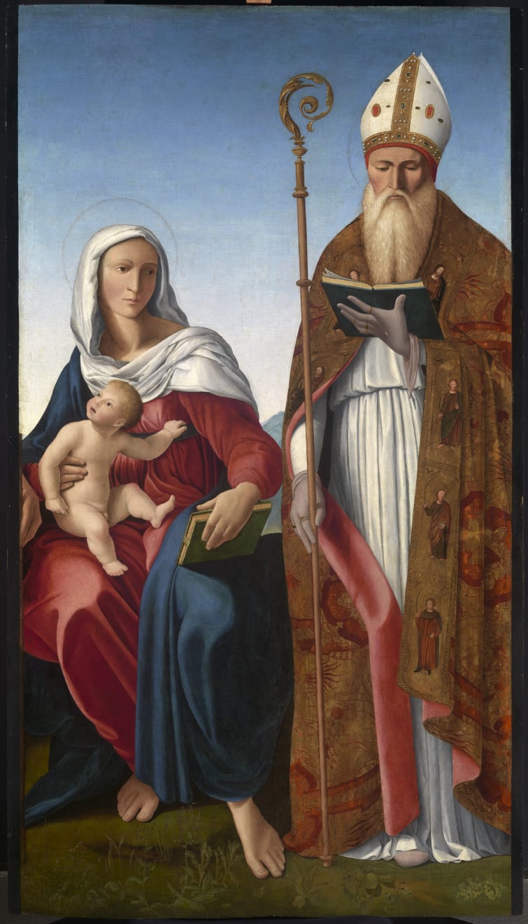 Francesco Marmitta, Madonna and Child with a Holy Bishop, 1500-1505