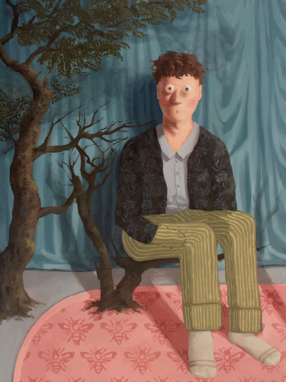 Pascual Ovalle, One person and two animals in a room, 2025