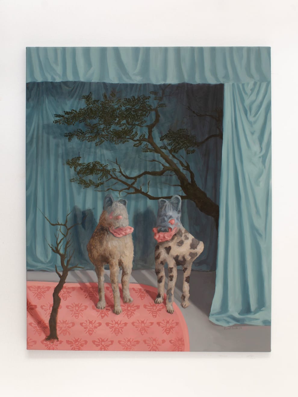 Pascual Ovalle, One person and two animals in a room, 2025