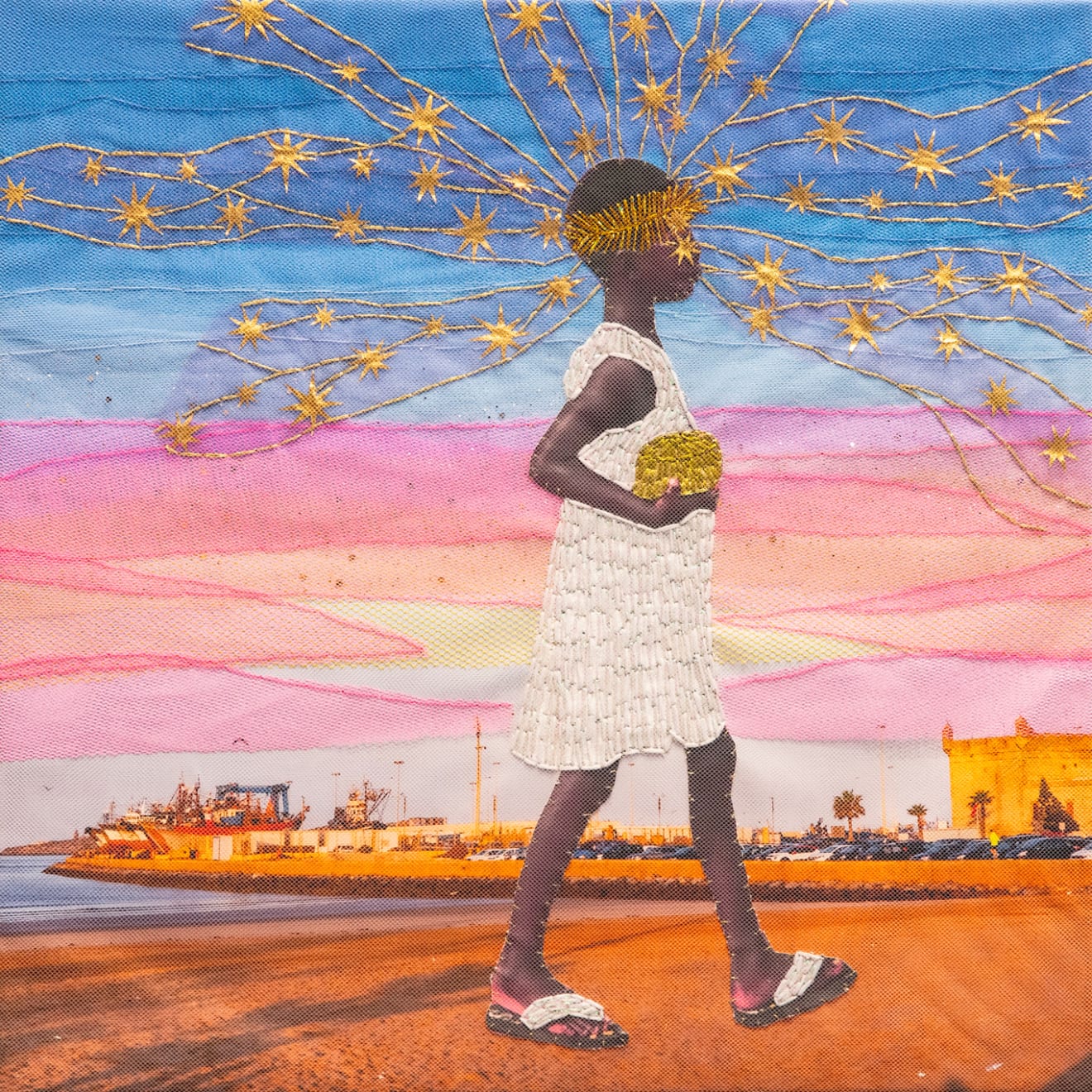 Joana Choumali, I Walk Around with my Dreams in my Hands, 2025. Embroidered photograph of a girl with star in Essaouira