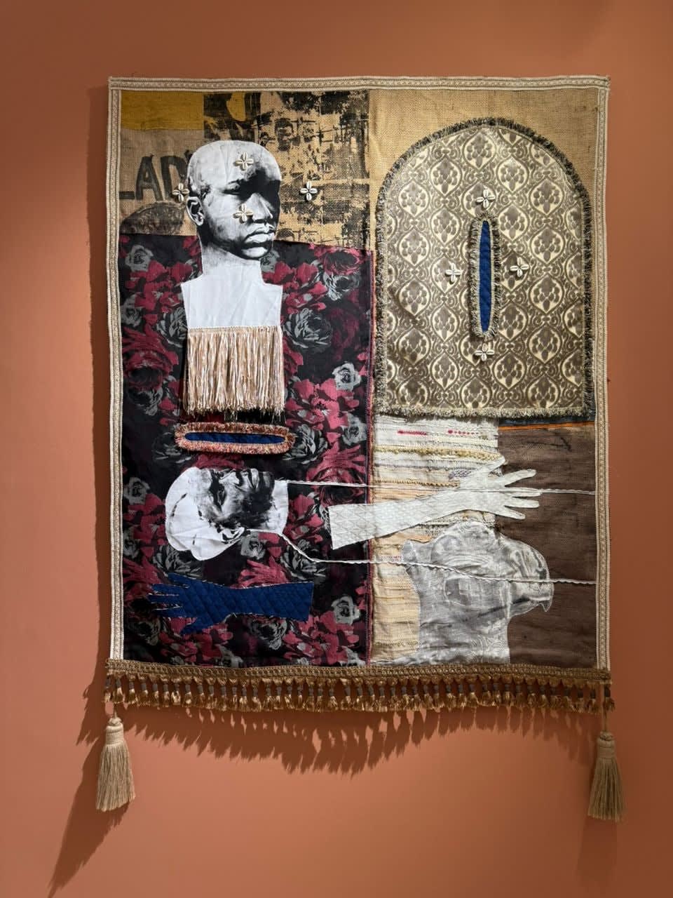 Embroidered tapestry enhanced with golden ribbons by Ivorian artist Chada 1-54 Marrakech GALERIE FARAH FAKHRI