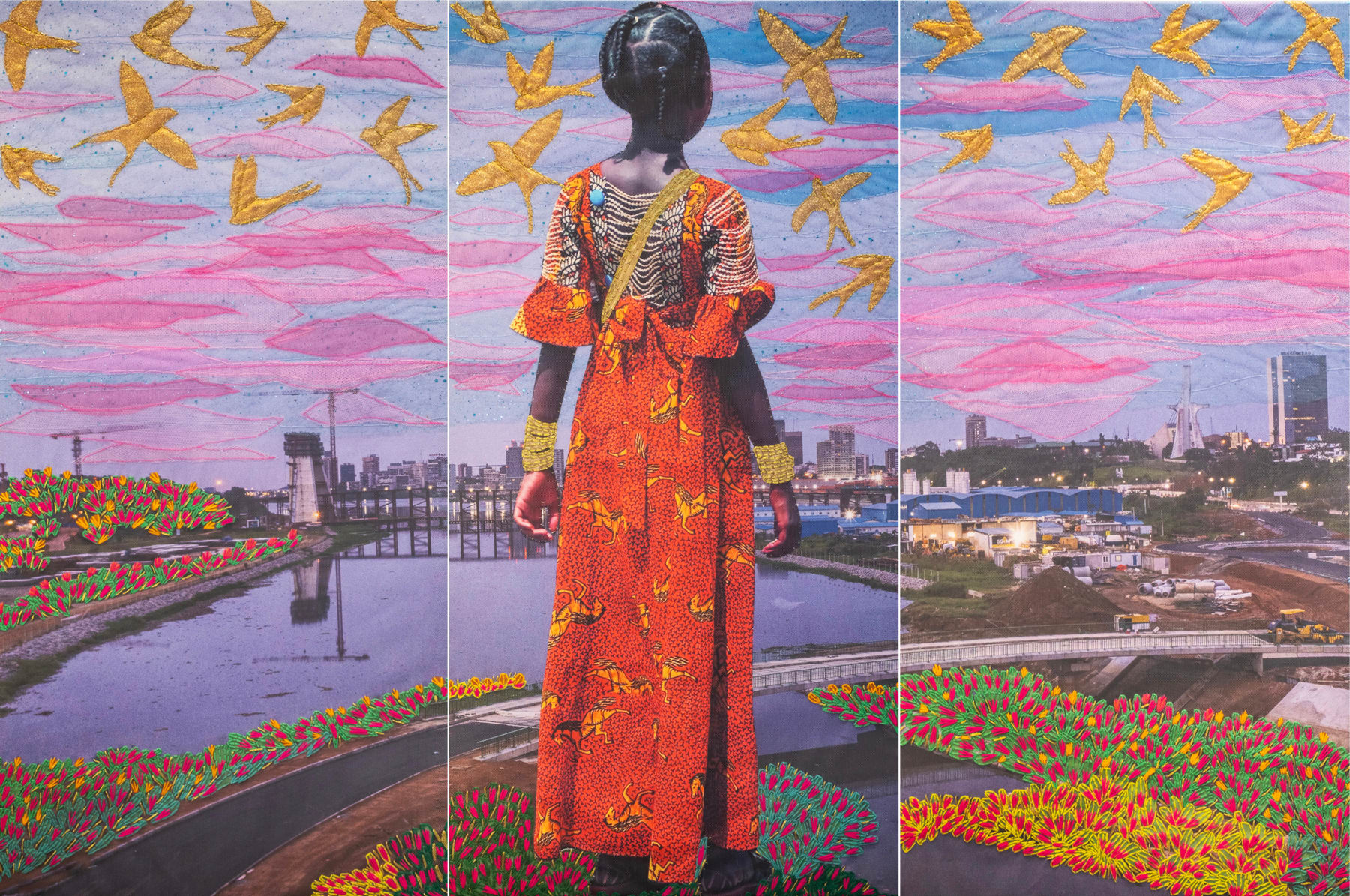 Joana Choumali, The Day Dreamer, 2025. A triptych showing a girl in a red dress standing among swallows