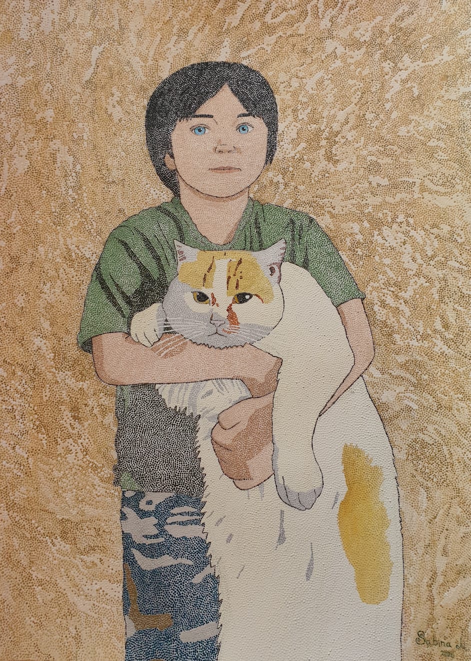 Sabina Mezhidova, Little boy with a fat cat, 2025