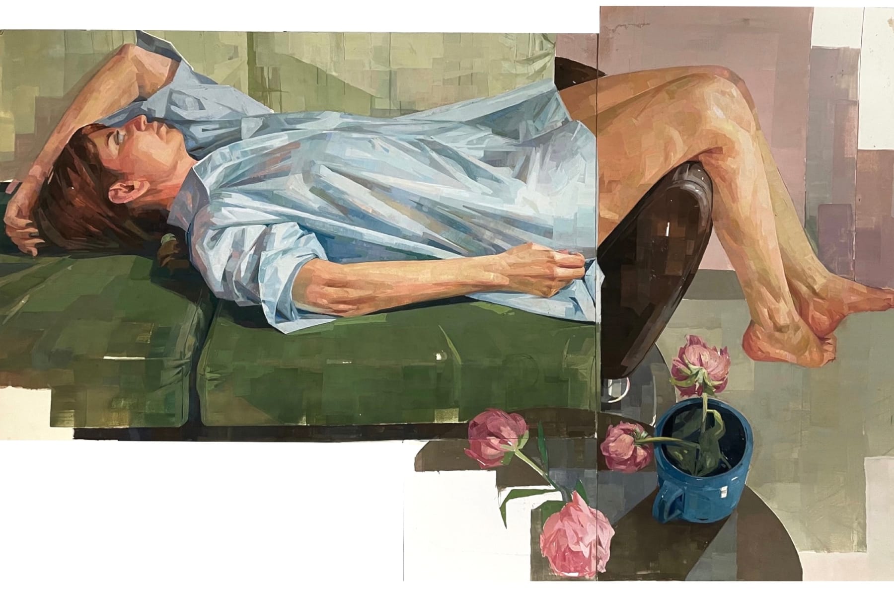 Hanie Soltani, Lying figure with peonies (diptych), 2022