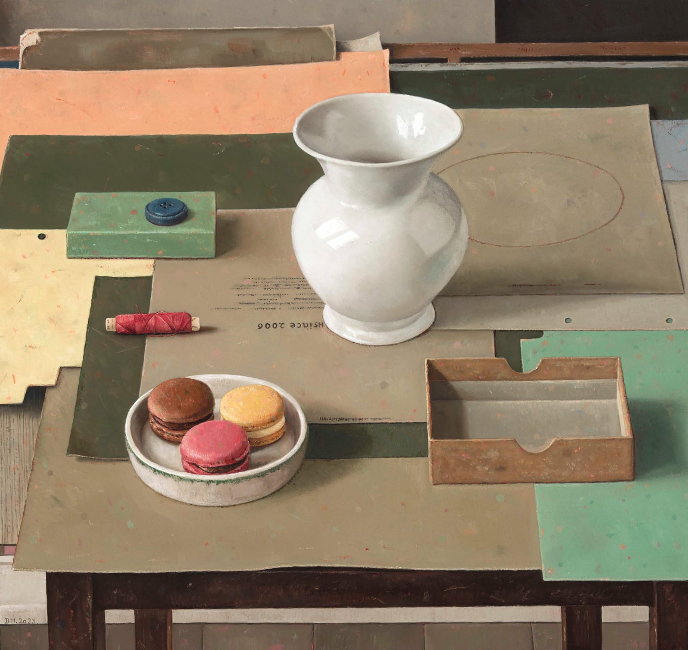 Dennis Møgelgaard, Still life with vase and macarons , 2023