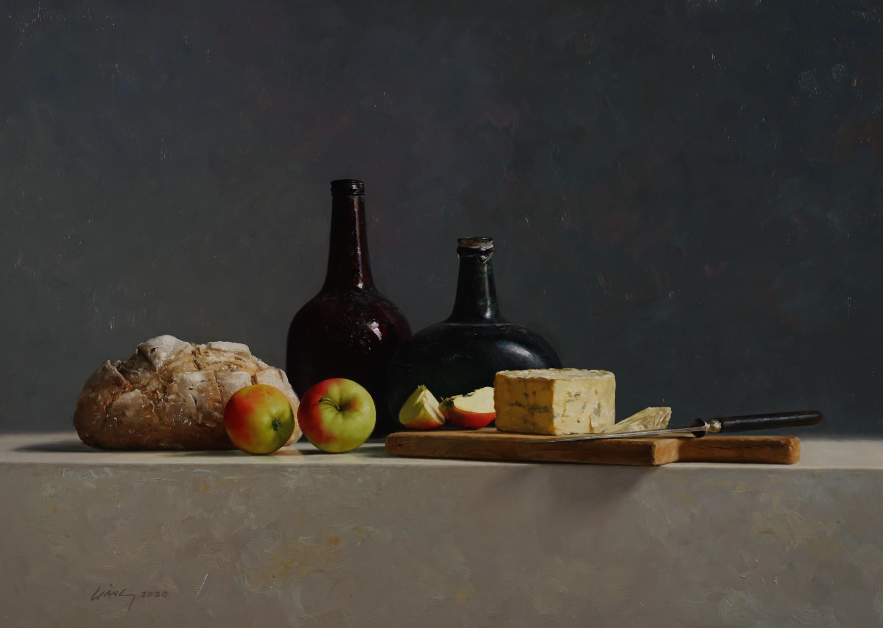 Qiangli Liang, Twee flessen met brood en kaas, 2020
