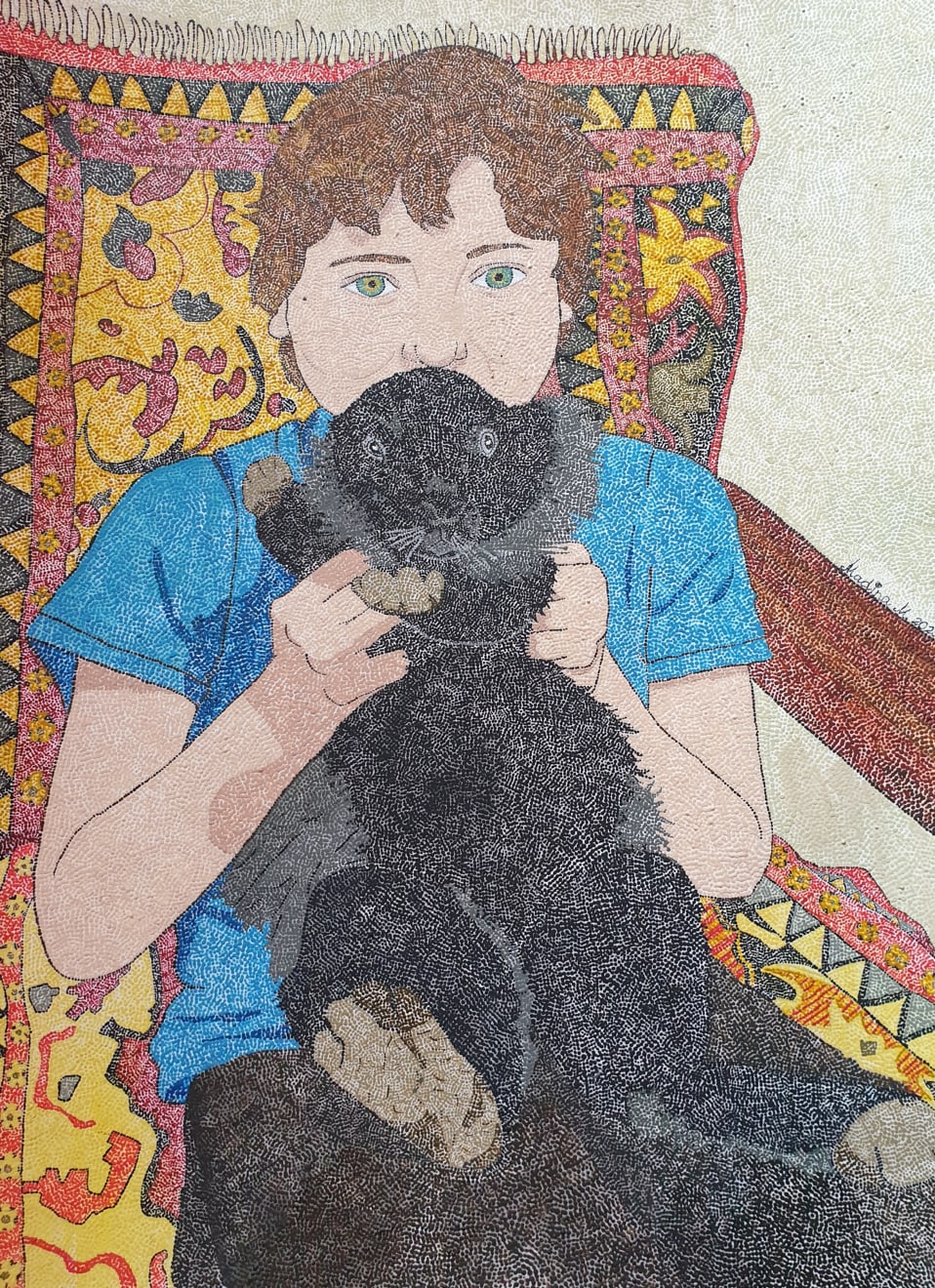 Madina Mezhidova, Boy with a black rabbit on a chair, 2025