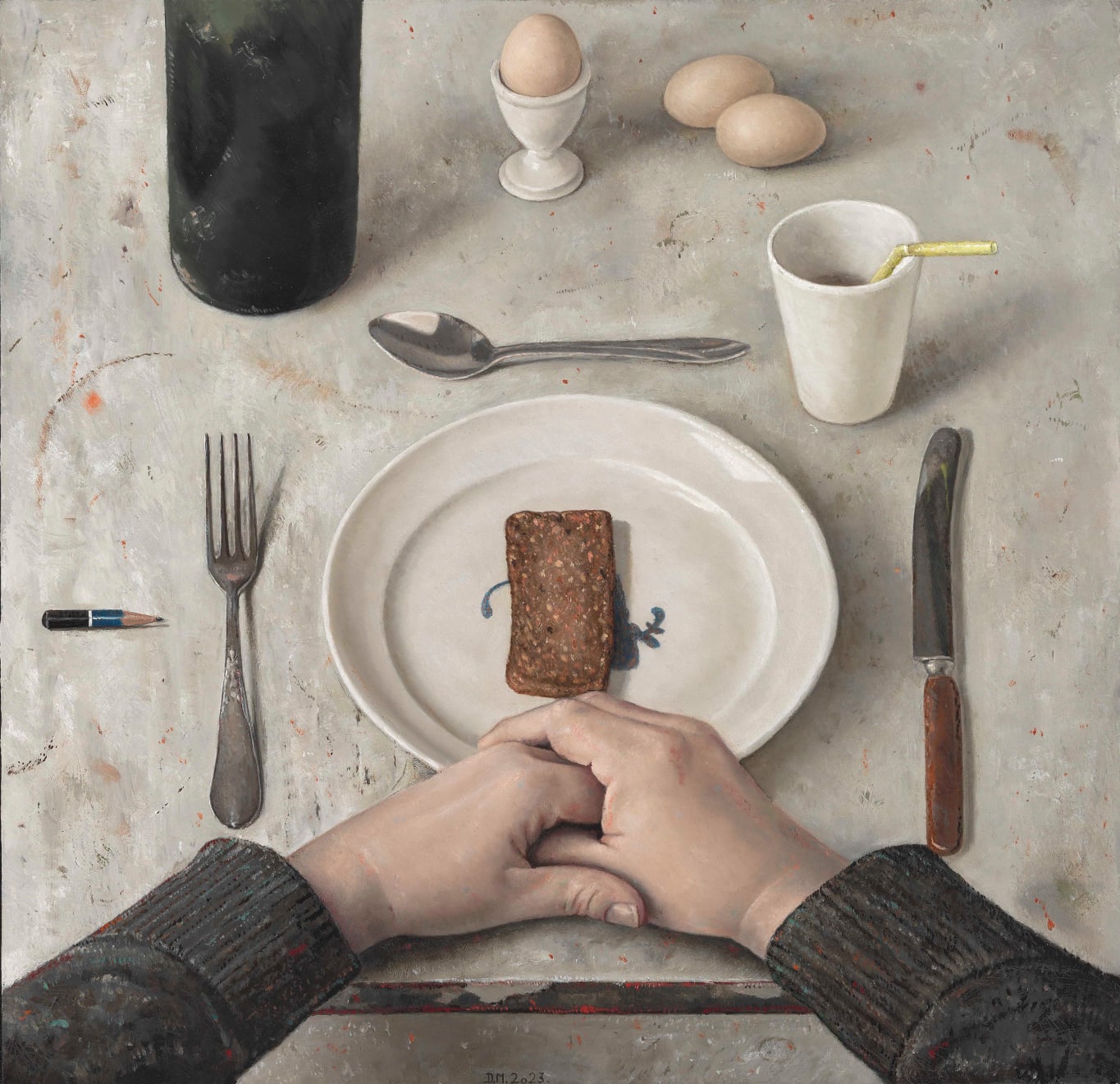Dennis Møgelgaard, Still life with hands, bottle and egg, 2023