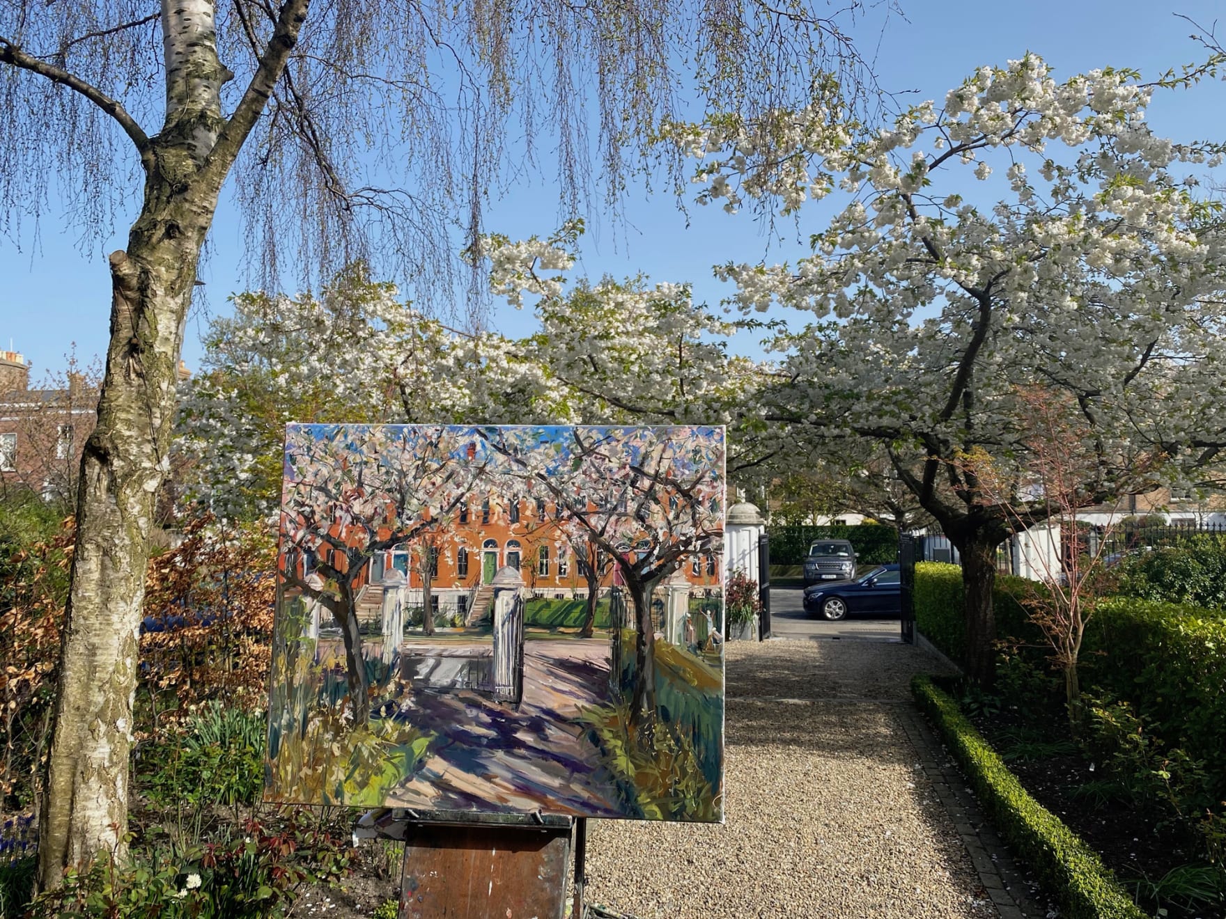 Gerard_Byrne_painting_plein_air_The_Secret_Garden_No_61_Wellington_Road_Dublin_modern_impressionism