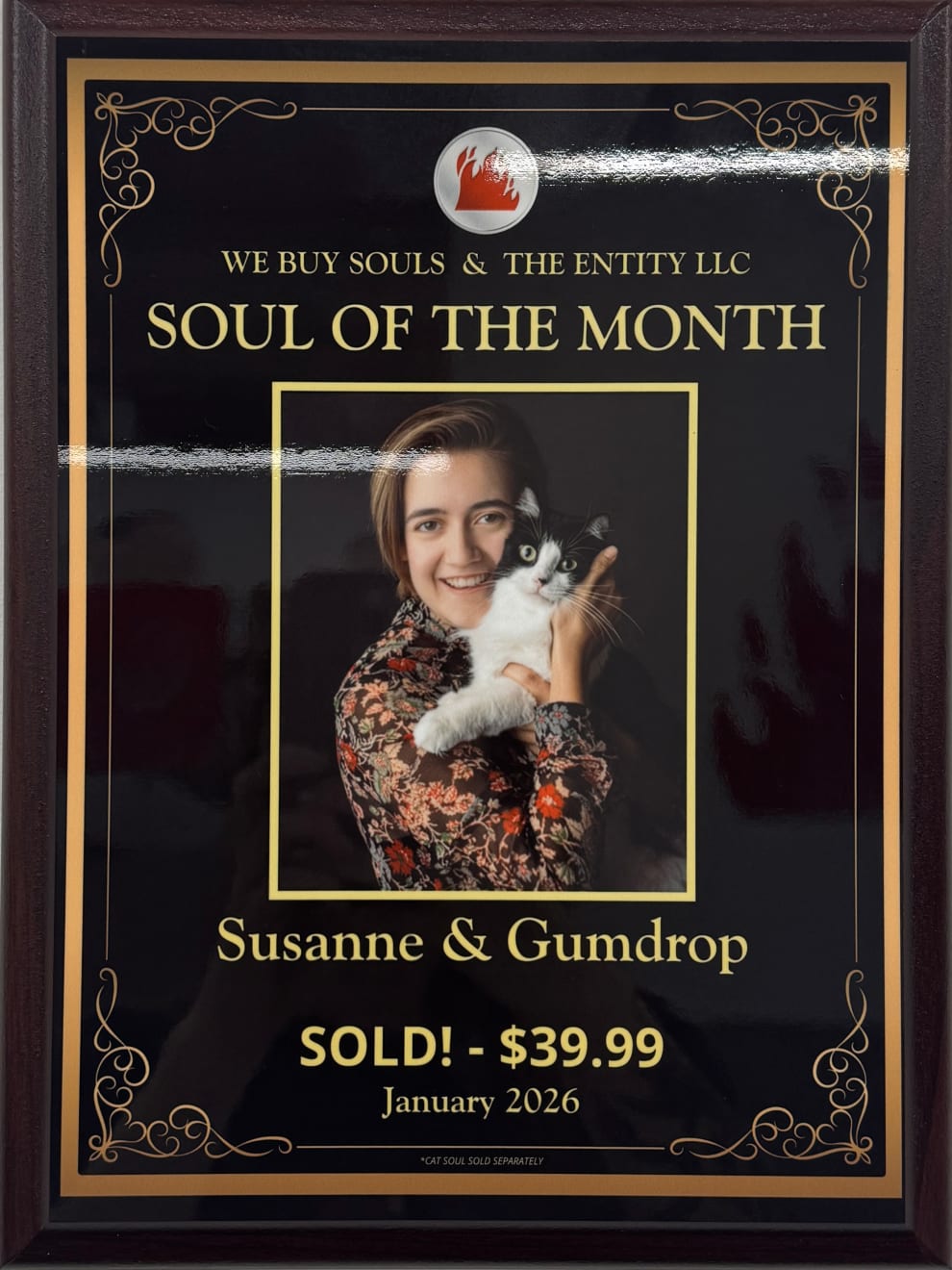 placard of a woman holding a cat