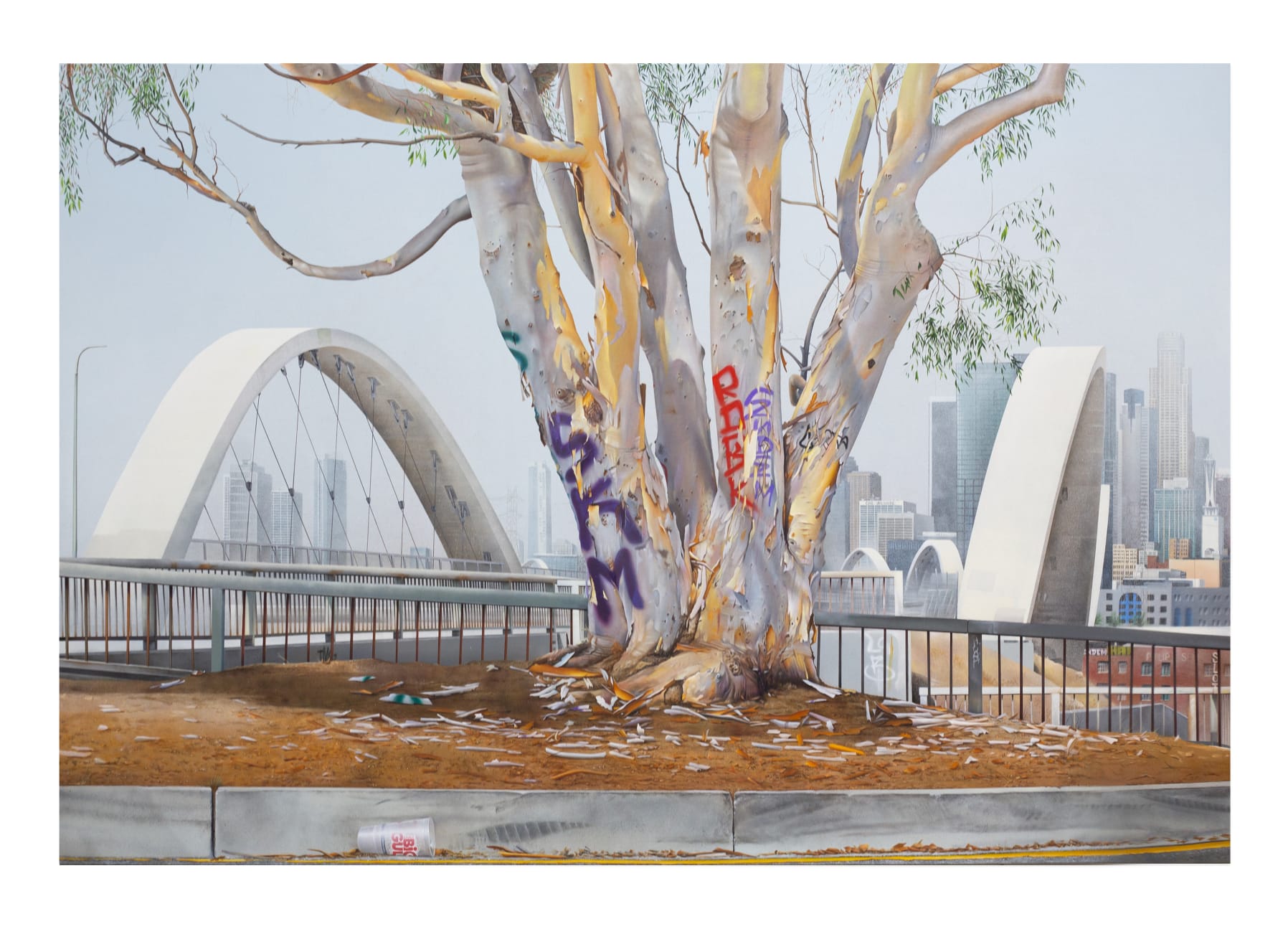 painting of a eucalyptus tree covered in graffiti in the foreground with the 6th street bridge and Downtown Los Angeles skyline in the background