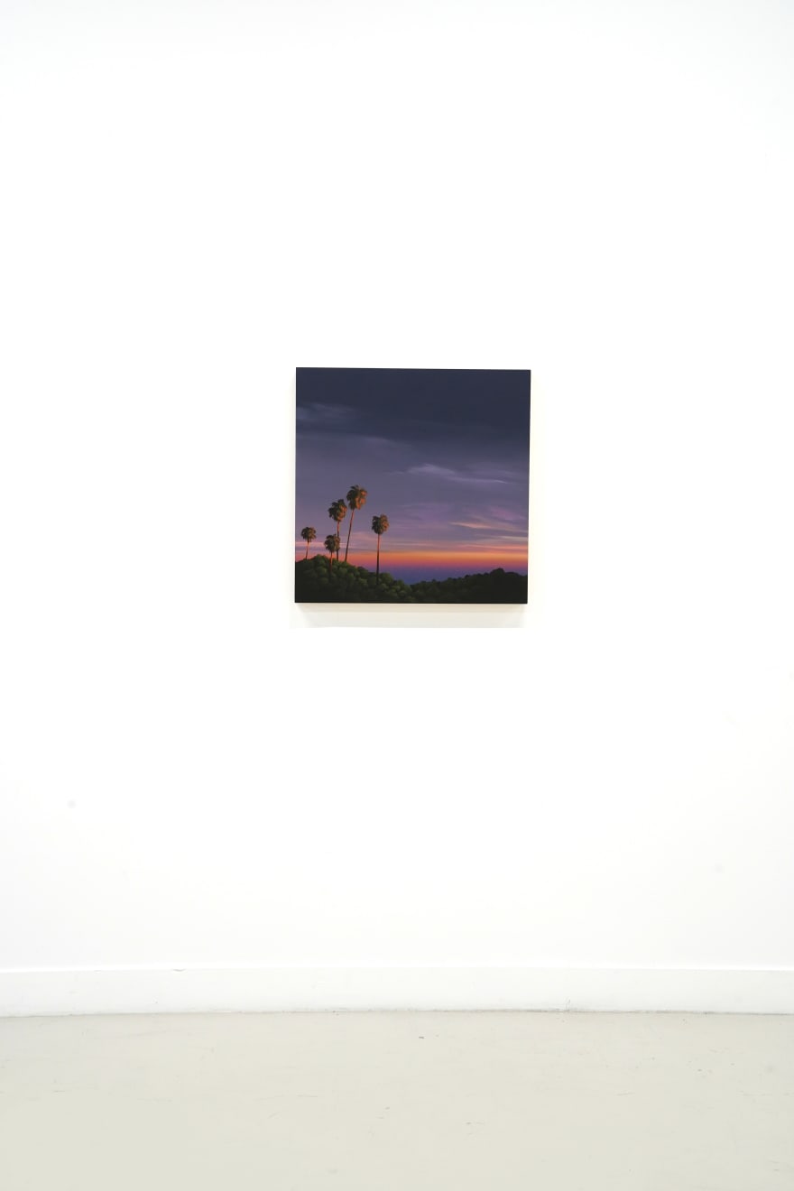 painting of a los angeles landscape with palm trees and a sunset