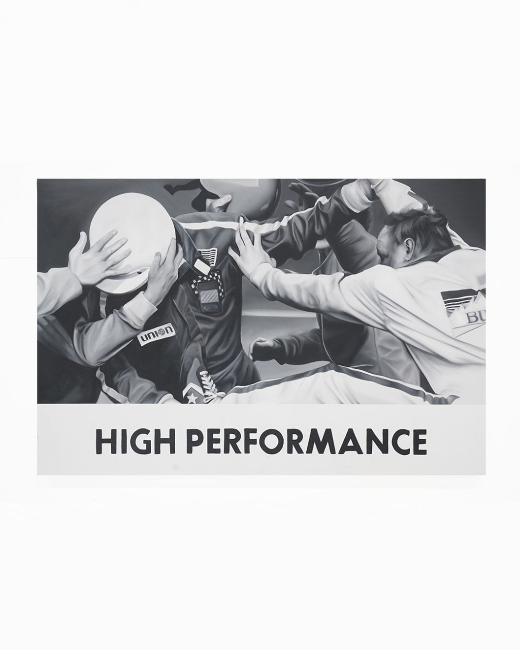 black and white painting of a winning race, people on top of eachother 'High Performance' in writing at the bottom