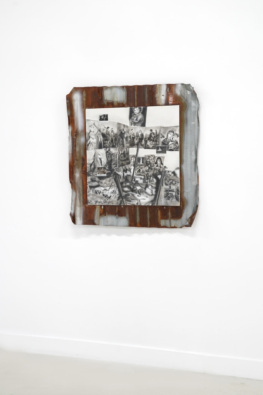 black and white painting collage on canvas mounted on metal