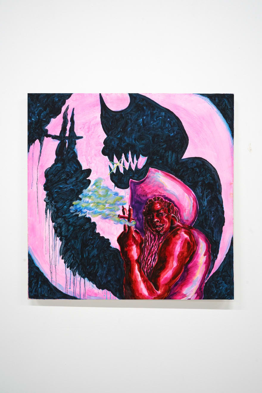 painting of a girl with a cowboy hat smoking a cigarette in pink