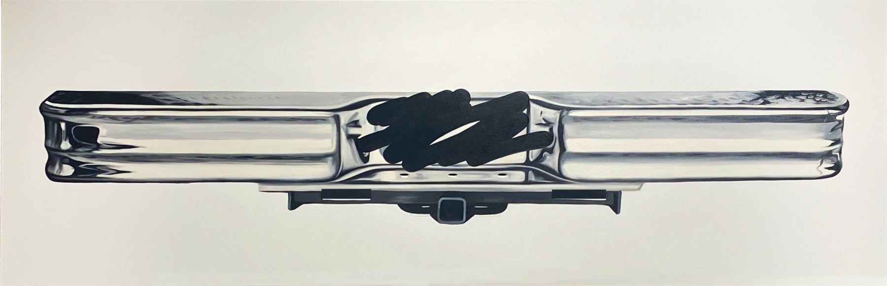 black and white painting of a bumper with the license plate scratched out