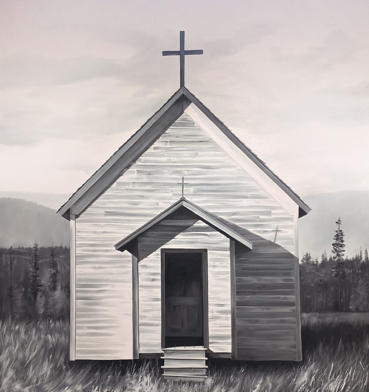 black and white painting of an old church in a feild