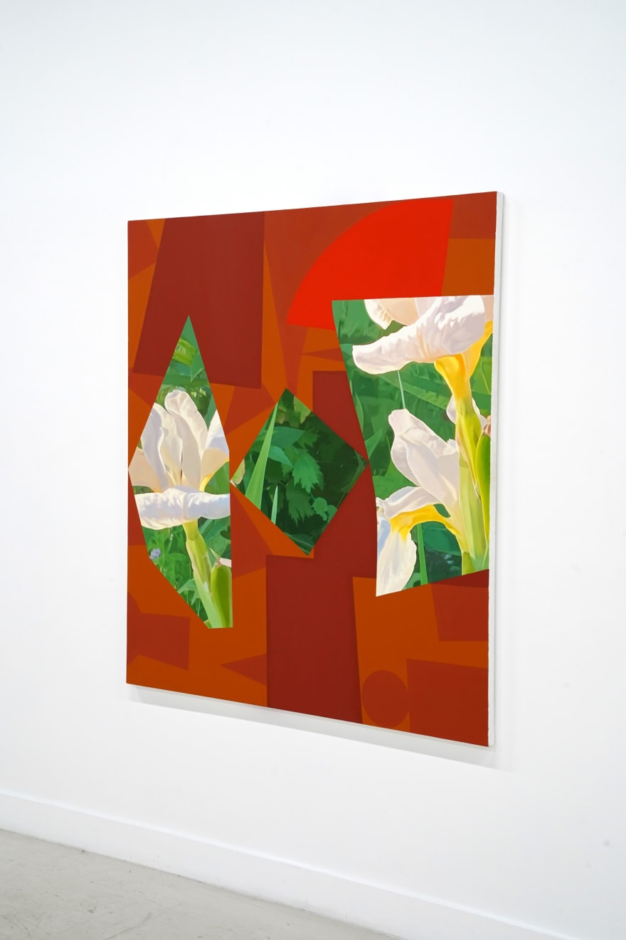 abstract painting featuring geometric read shapes and white flowers