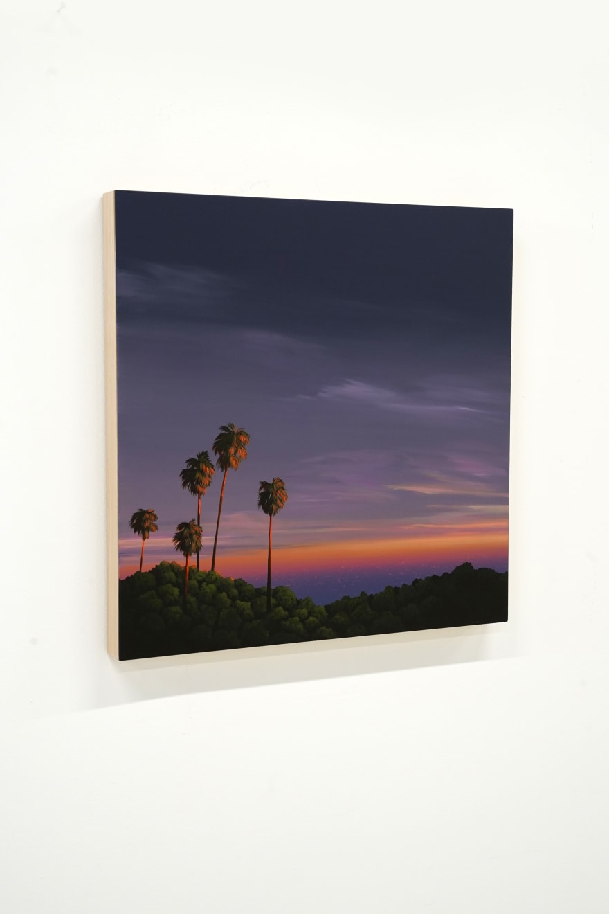 painting of a los angeles landscape with palm trees and a sunset