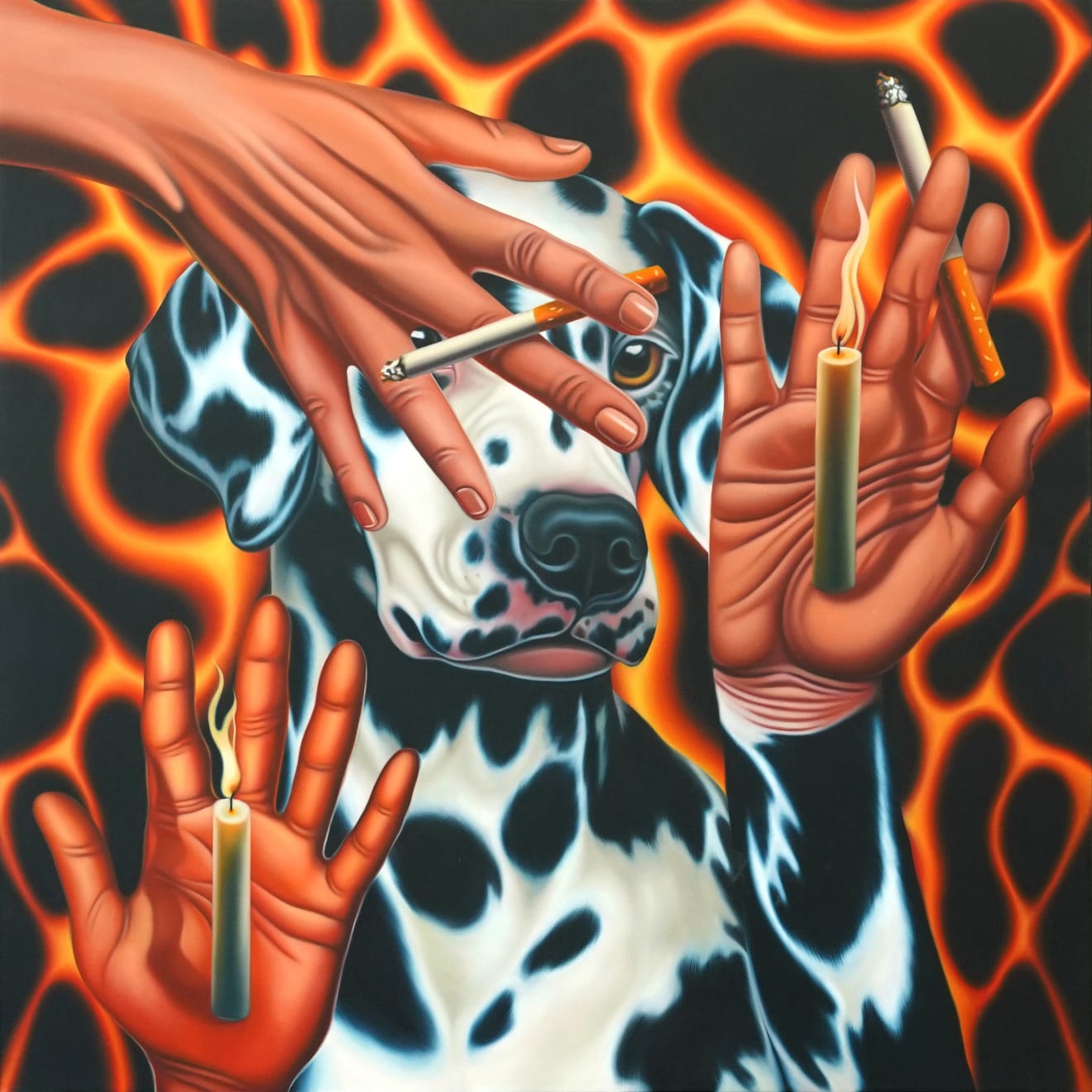 painting of a dalmation with 3 floating hands each holding a canddle or a cigarette