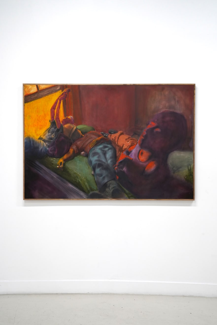 painting of 3 men lounging in bed