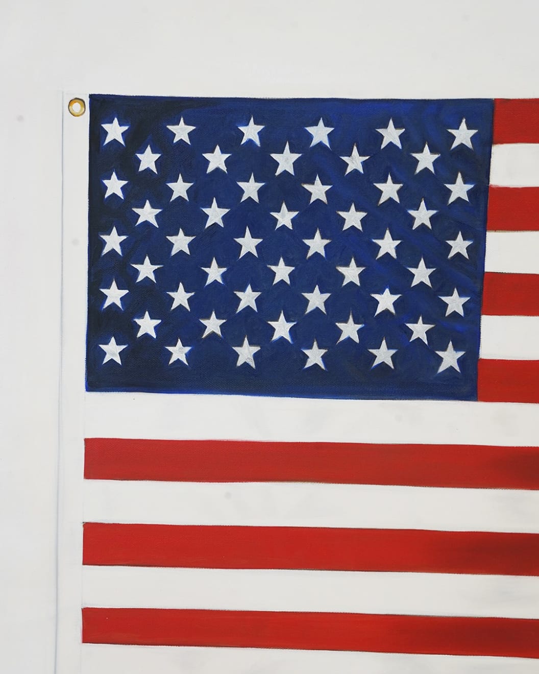 painting of an American Flag with extra red stripes making it longer