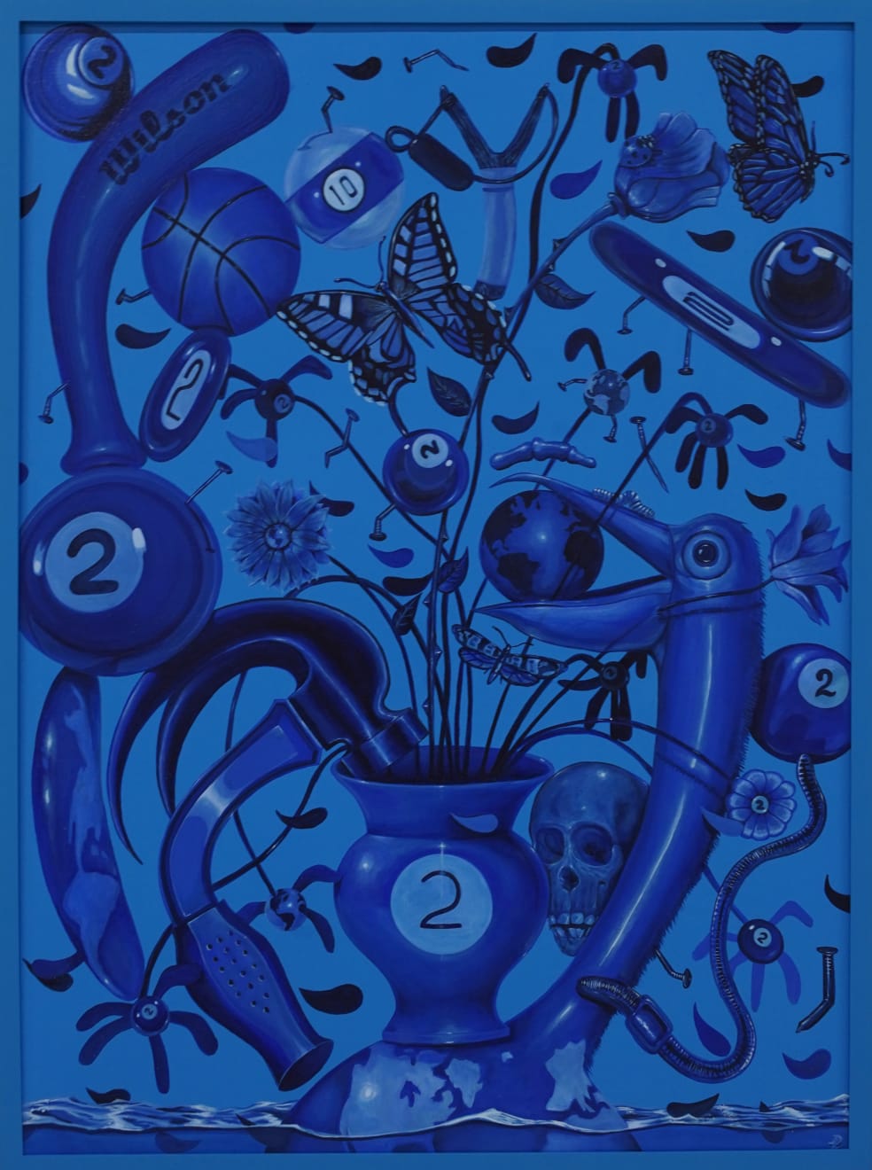 blue monochromatic painting of a collage of summer objexts by devin liston