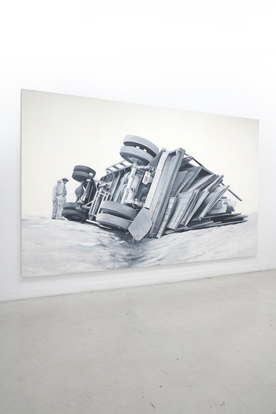 black and white painting of a truck toppled over on a road