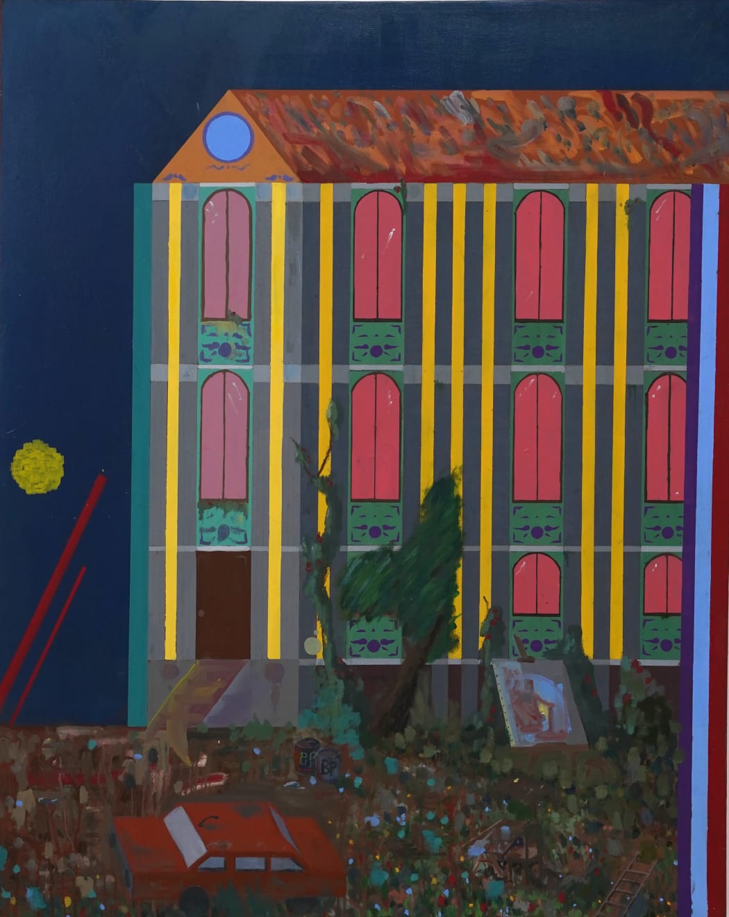 painting of a house with a car. parked outside