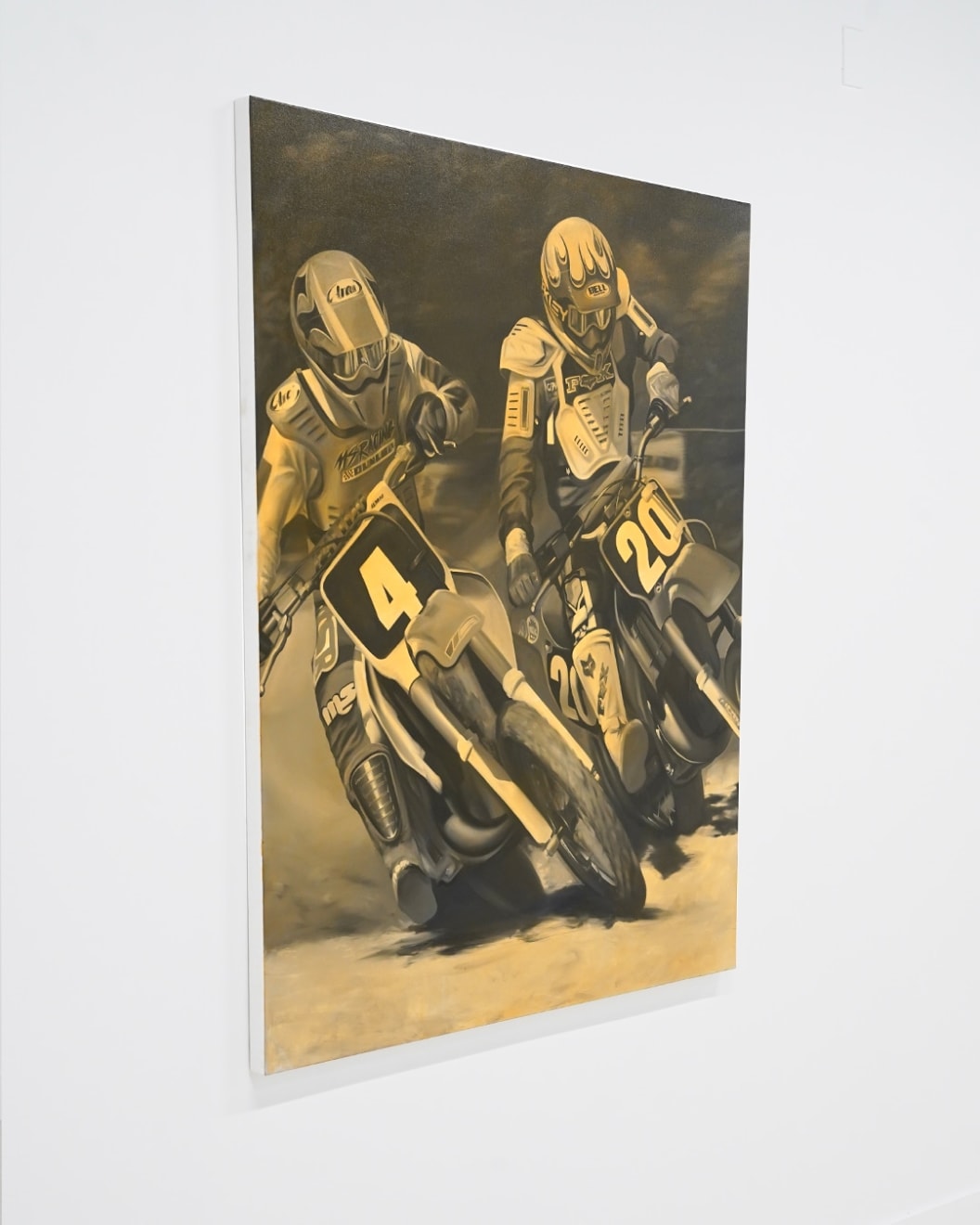 Painting of two motocross riders in orange