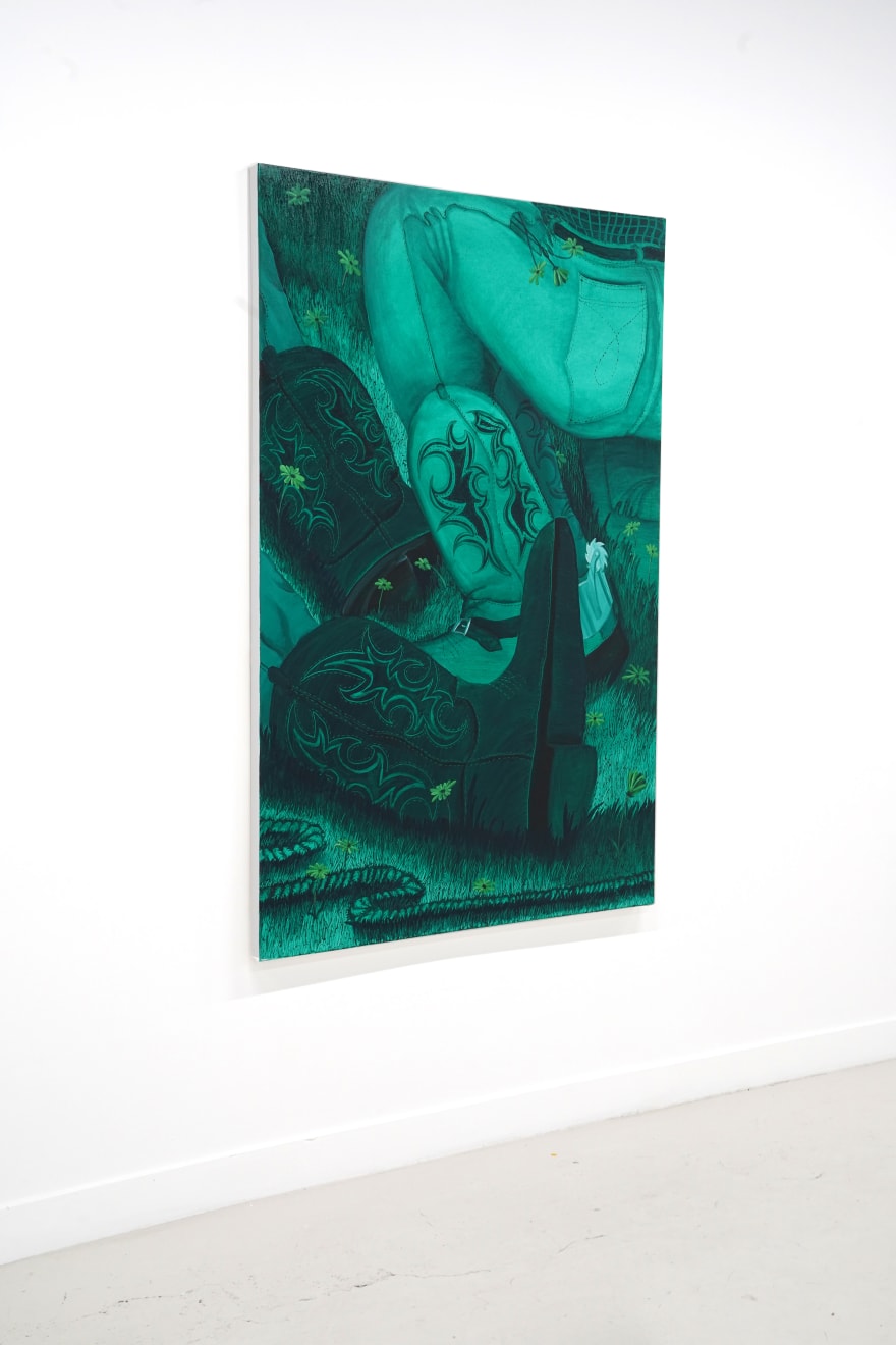 monochromatic green painting of legs with cowboy boots