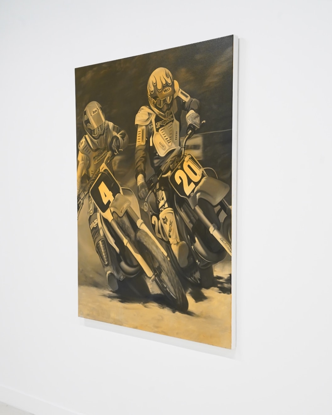 Painting of two motocross riders in orange