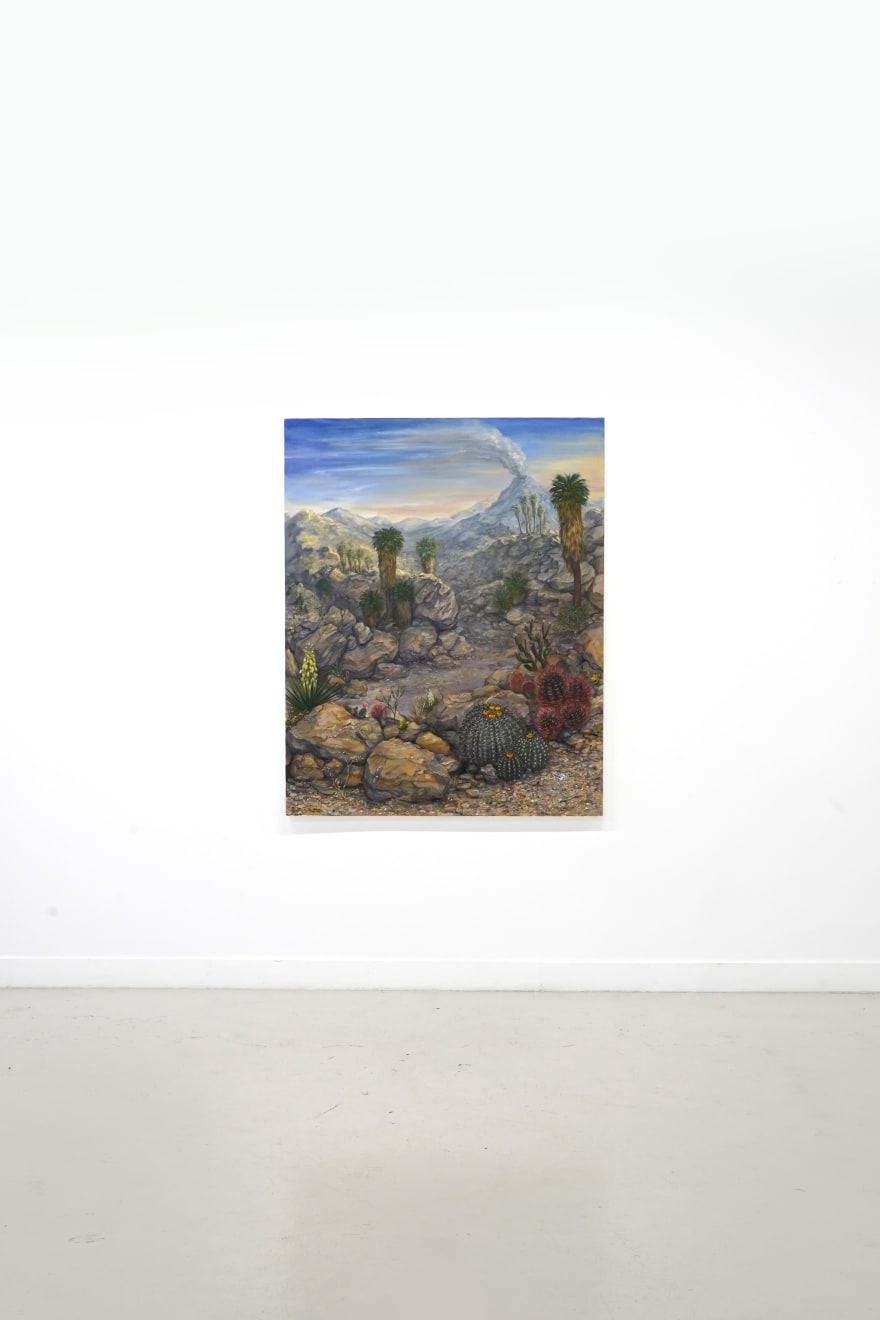 realistic painting of a desert landscape with a volcano