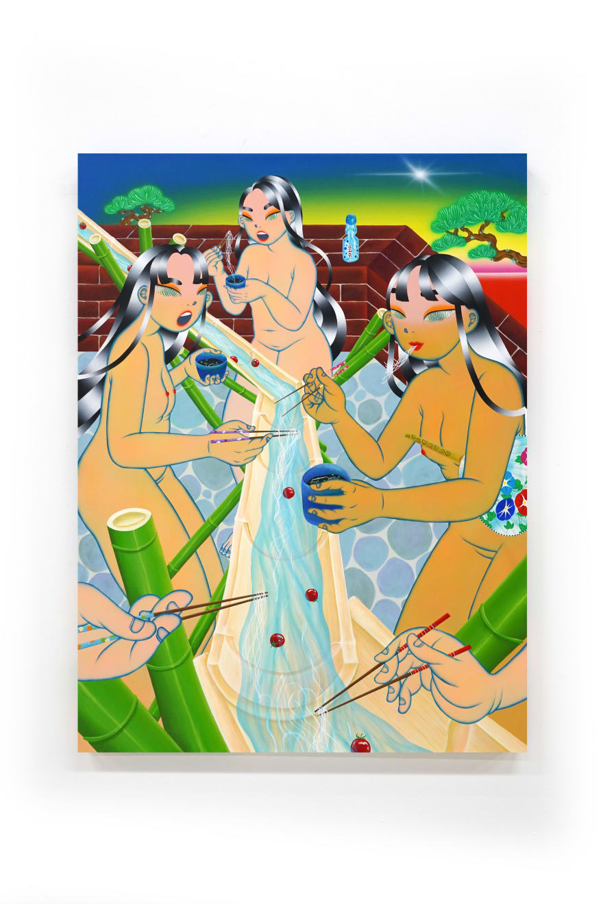 painting of three girls eating noodles out. of a waterfall with chopsticks