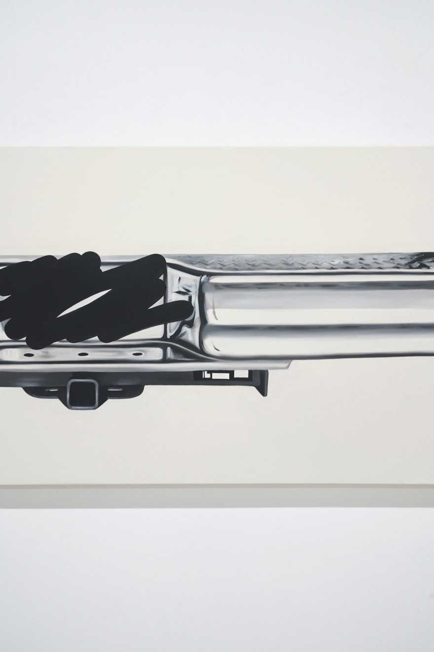 black and white painting of a bumper with the license plate scratched out