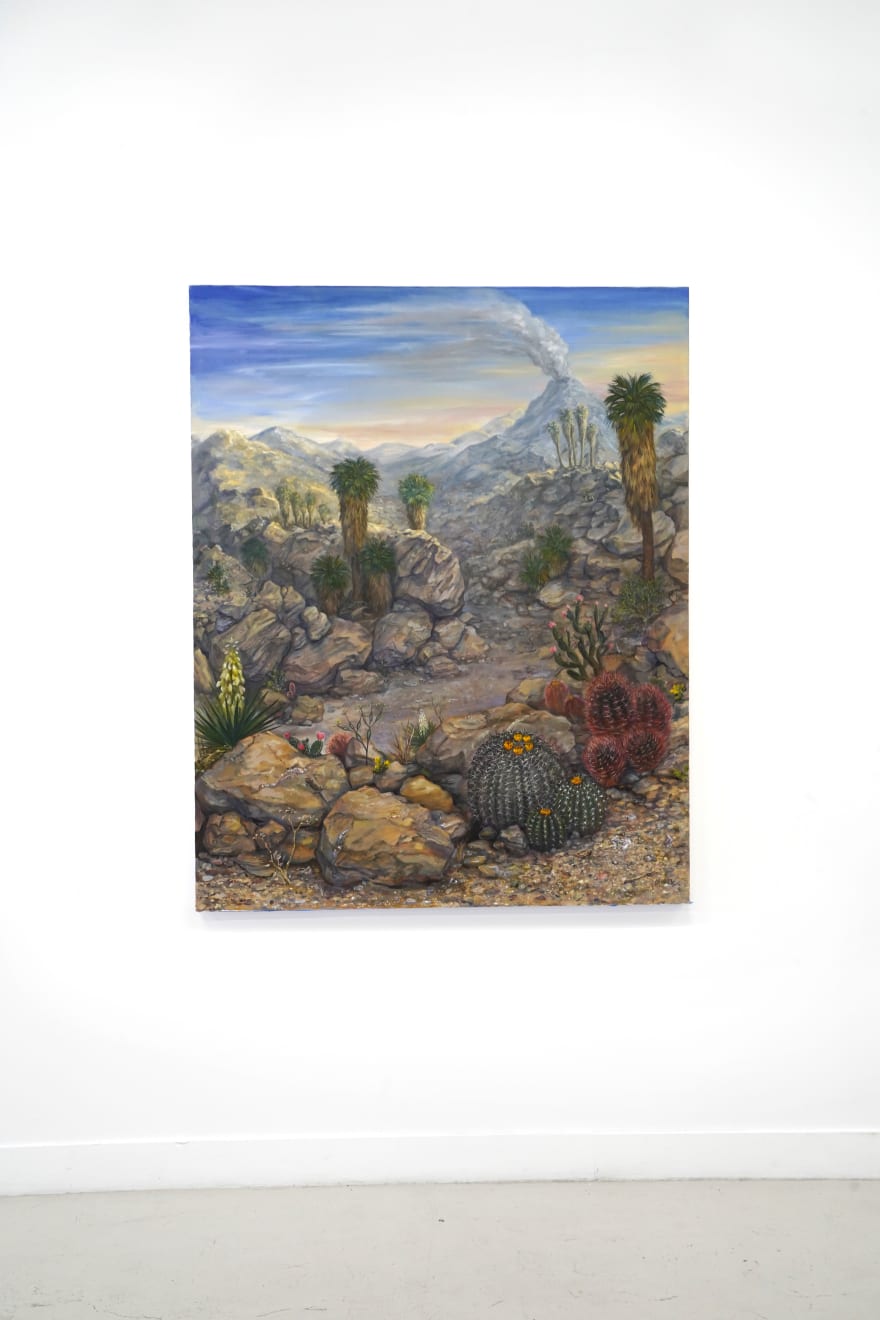 realistic painting of a desert landscape with a volcano