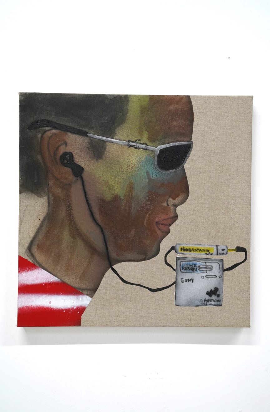 painting of a man wearing headphones and listing to music