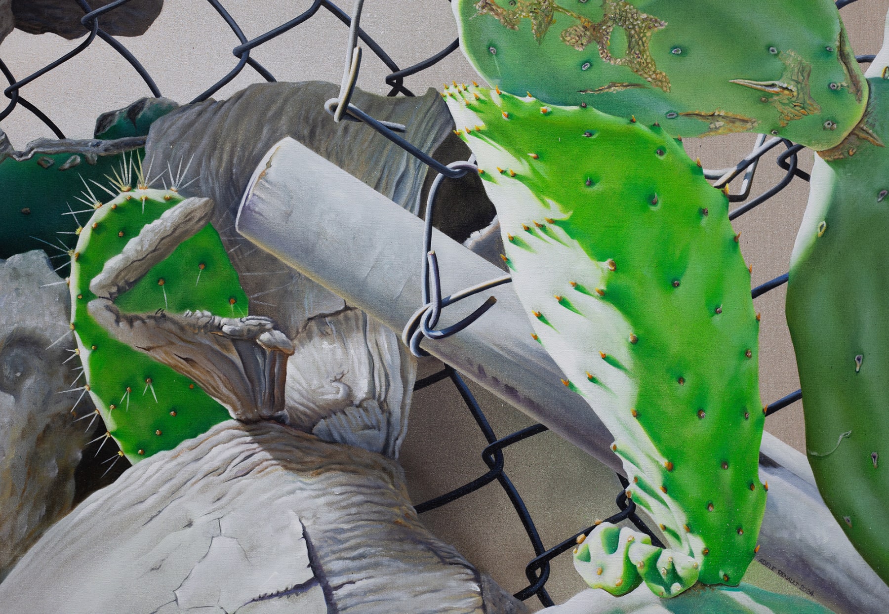 painting of a cactus growing through a fence
