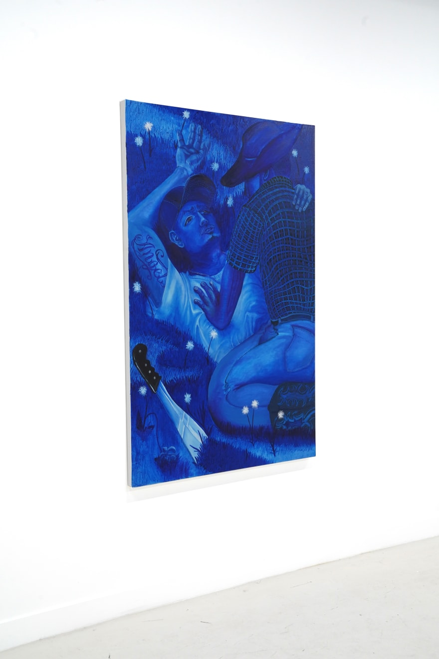 monochromatic blue painting of two men straddling each other in the grass