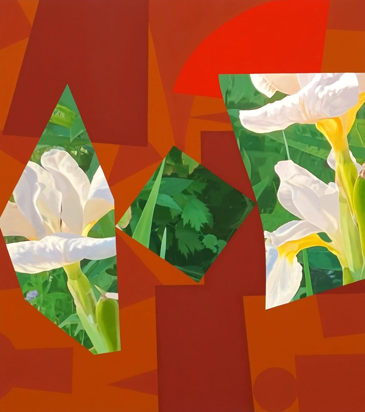 abstract painting featuring geometric read shapes and white flowers