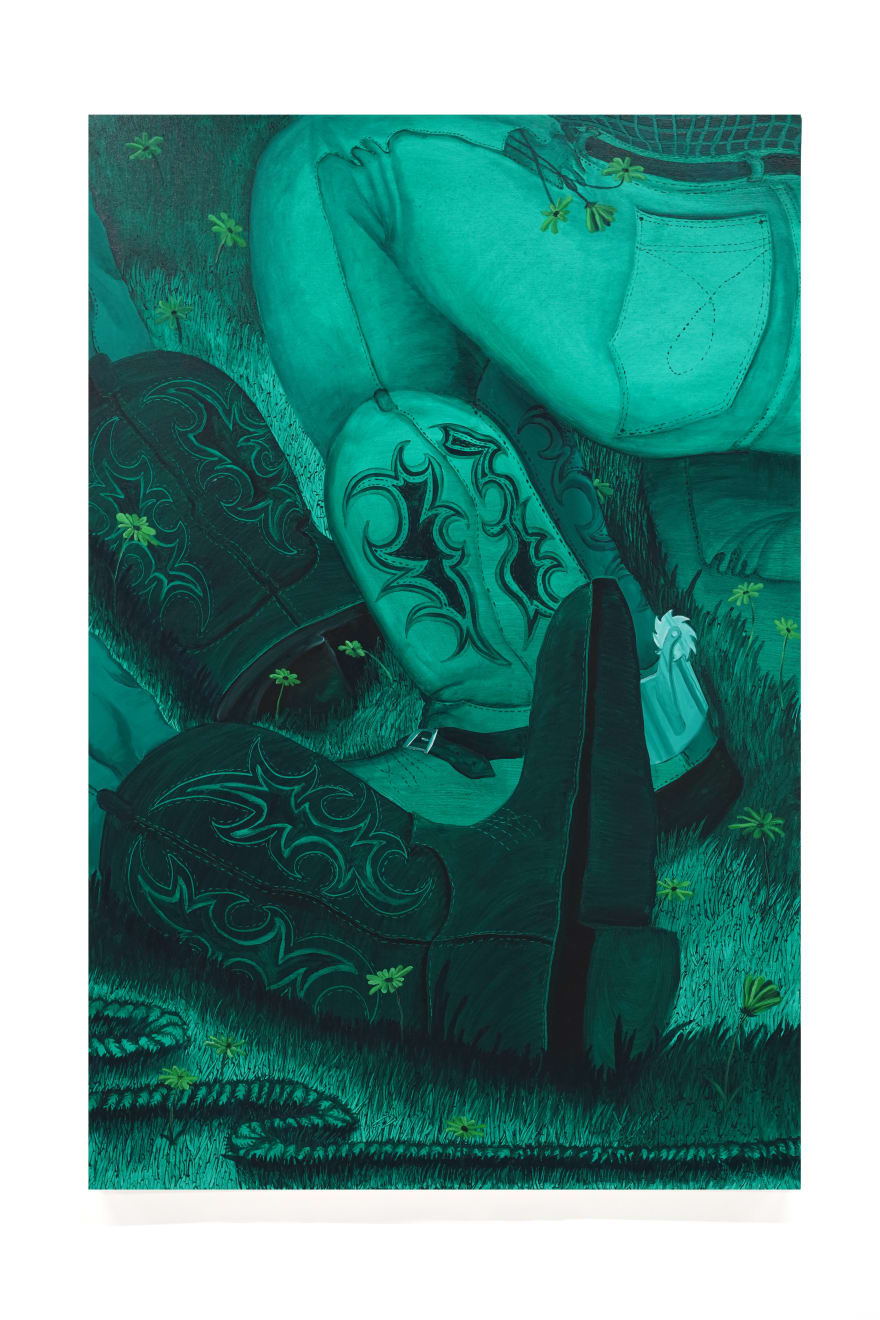 monochromatic green painting of legs with cowboy boots