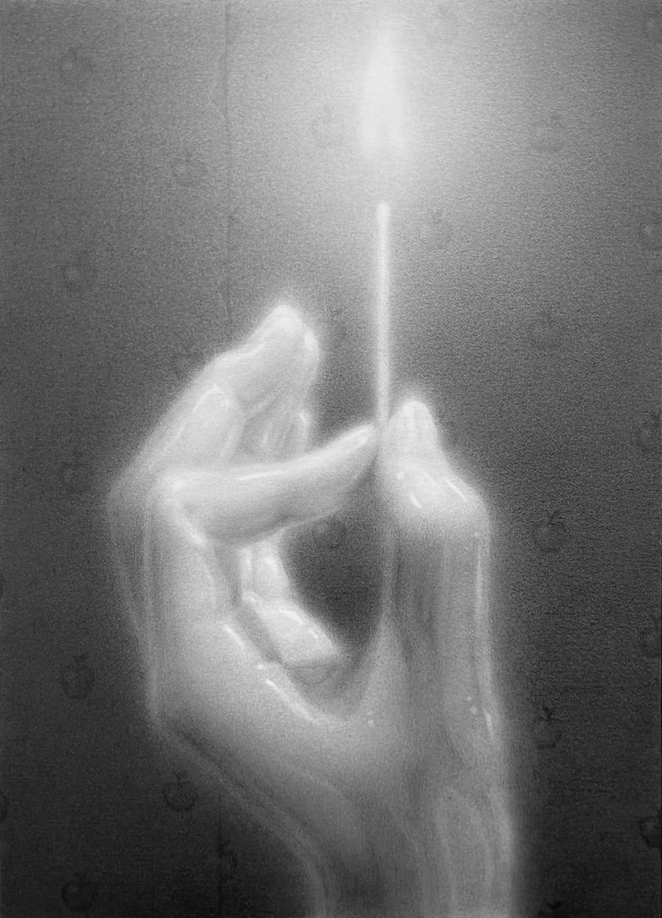 black and white charcoal hand holding a lit match, framed in white