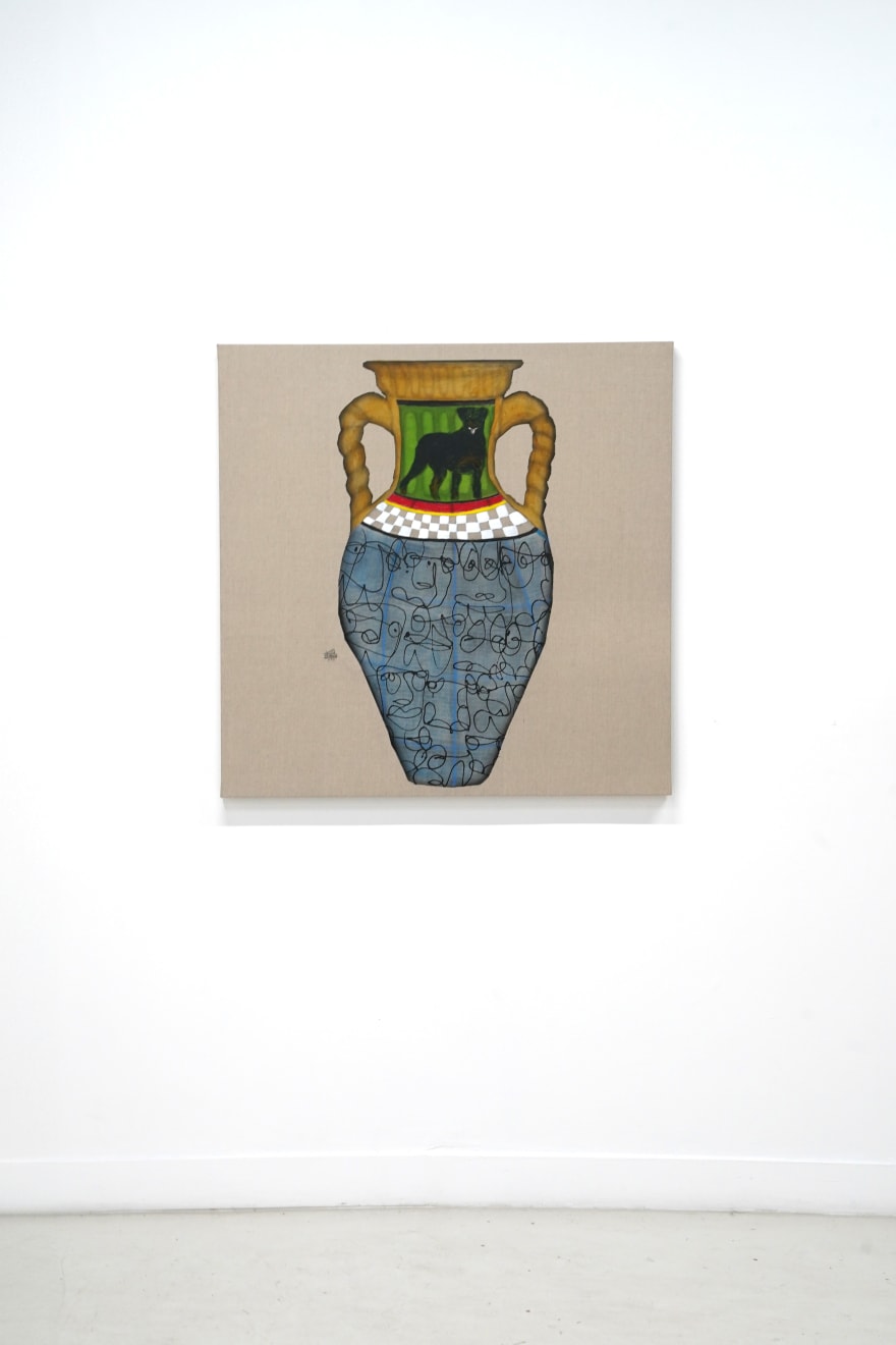 painting of a vase with a black dog on it