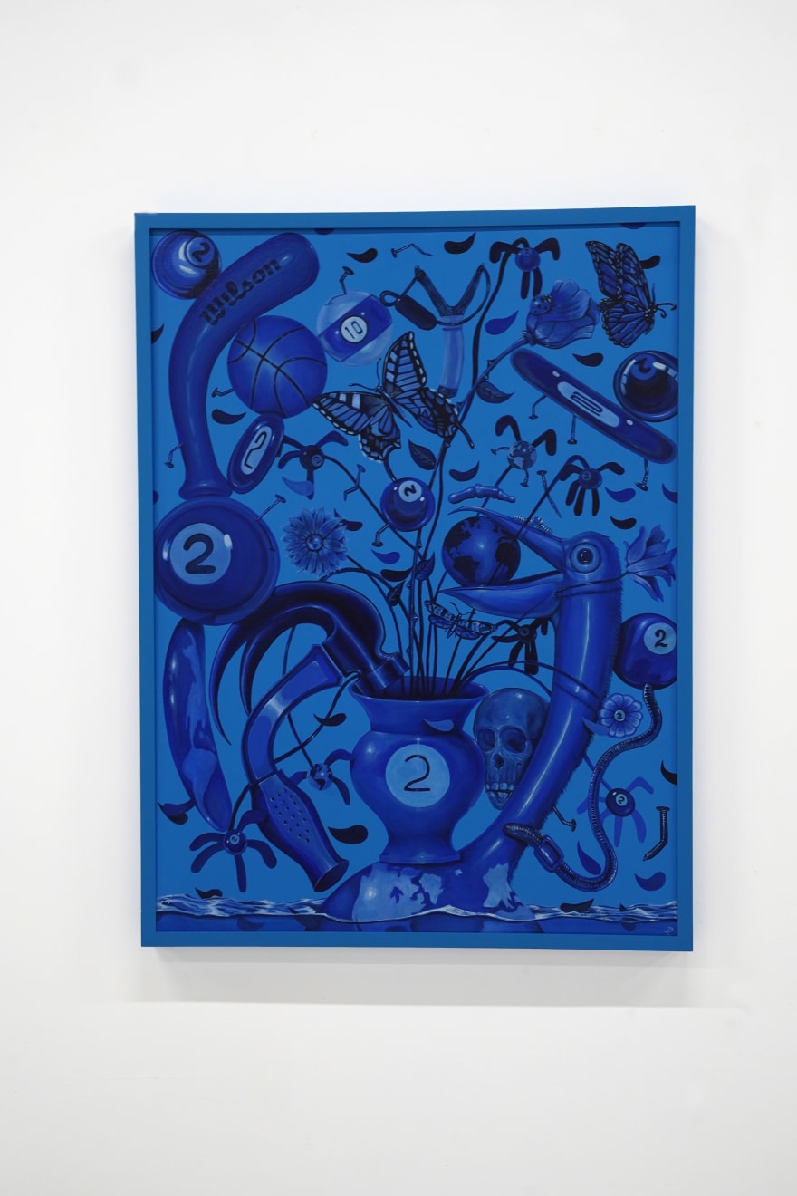 blue monochromatic painting of a collage of summer objexts by devin liston