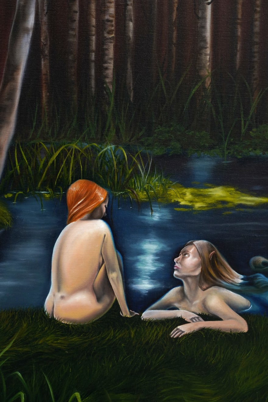 painting of two women in a pond in a forest